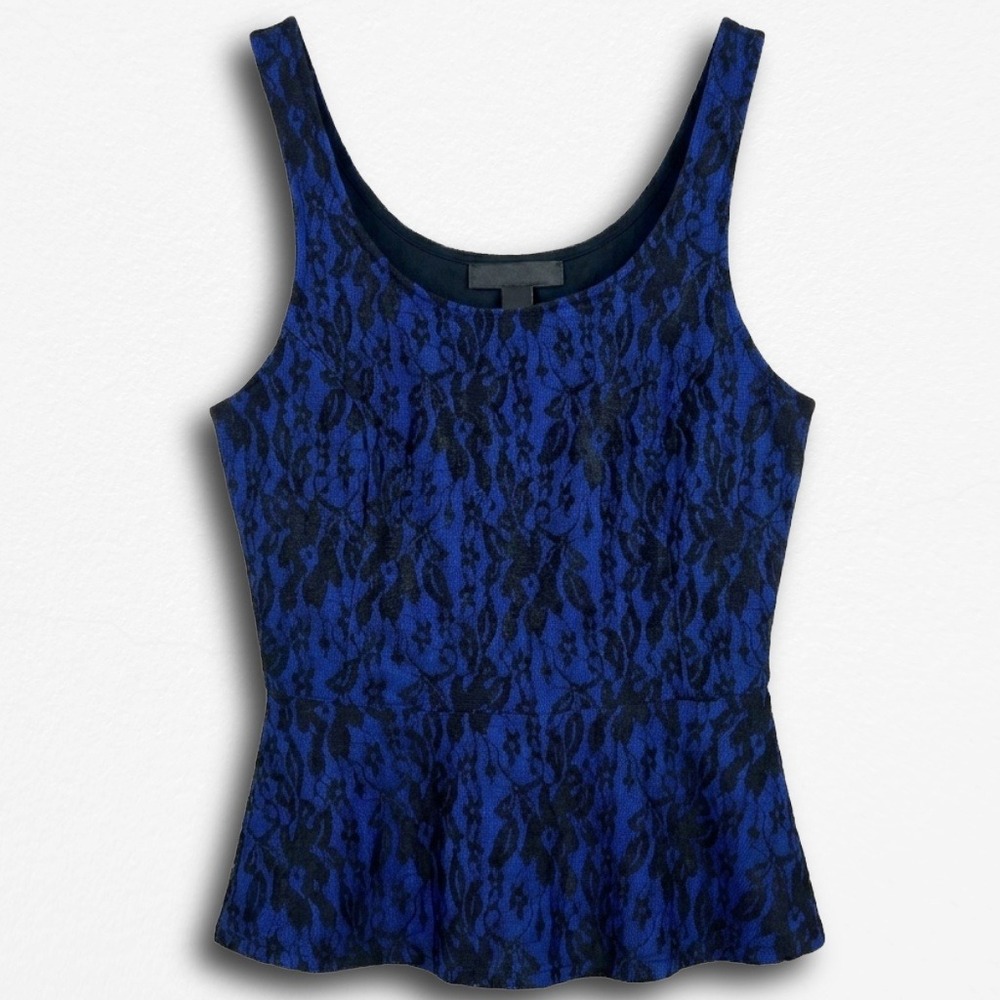 Express Blue Black Floral Lace Peplum Top Sleeveless Scoop Neck Zip Back‎ Small